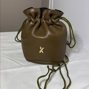 PALOMA PICASSO VINTAGE Leather Drawstring Pouch Shoulder Bag in Olive Green